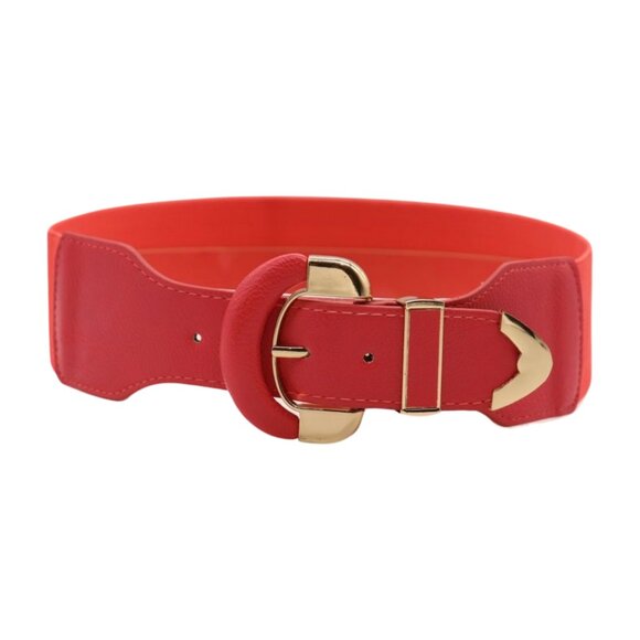 New Women Coral Pink Faux Leather Elastic Waistband Belt Round Gold Buckle S M - Picture 12 of 16